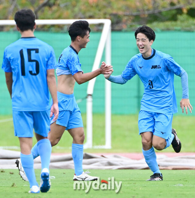 2026년 9월 19일 오후 일본 이바라키현 류가사키시 A메카테크 필드 류가사키에서 '제1회 한·일 대학축구 교류전', 대한민국 UNIV PRO 챌린지와 일본 U-20 칸토대학선발팀 호세이대학교의 경기가 열렸다.<br><br>일본 미사와 루이가 골을 넣고 기뻐하고 있다.류가사키(일본)=유진형 기자