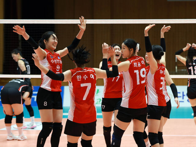 수원시청 선수들이 20일 단양에서 열린 포항시체육회와 '2026 한국실업배구연맹회장배 종합선수권대회' 결승전 도중 공격 득점을 올린 뒤 환호하고 있다./발리볼코리아닷컴·한국실업배구연맹 제공