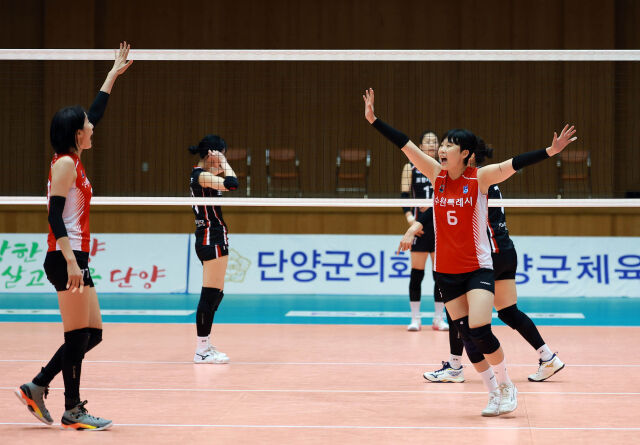 수원시청 세터 강보민이 20일 단양에서 열린 포항시체육회와 '2026 한국실업배구연맹회장배 종합선수권대회' 결승전 도중 팀 공격이 성공하자 팀 동료들과 함께 기뻐하고 있다./발리볼코리아닷컴·한국실업배구연맹 제공