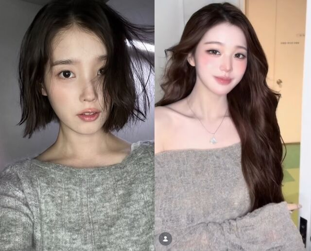 장원영(오른쪽)은 지난 24일 아이브 공식 SNS를 통해 "지은 언니 파이팅♥"이라는 애정 어린 글과 함께 아이유의 신곡 '이별로부터'에 맞춘 립싱크 영상을 전격 공개했다. /아이유, 아이브 소셜미디어