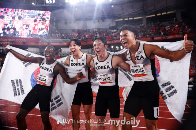 한국 남자 계주대표팀이 28일 2026 아이치·나고야 아시안게임 남자 4x100m 계주 결선에서 동메달을 획득했다./게티이미지코리아