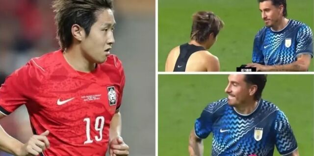 이강인이 28일 서울월드컵경기장에서 열린 우루과이와의 친선경기가 끝난 뒤 아틀레티코 마드리드 전 동료 호세 히메네스와 유니폼을 교환하고 있다./문도 데포르티보 제공