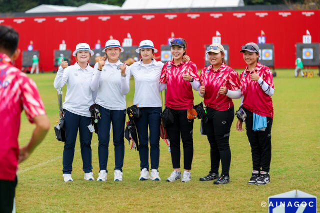 한국 여자 양궁 대표팀이 27일 2026 아이치·나고야 아시안게임 양궁 컴파운드 여자 단체전 16강 아랍에미리트와 경기를 치르고 있다./2026 아이치·나고야 아시안게임 조직위