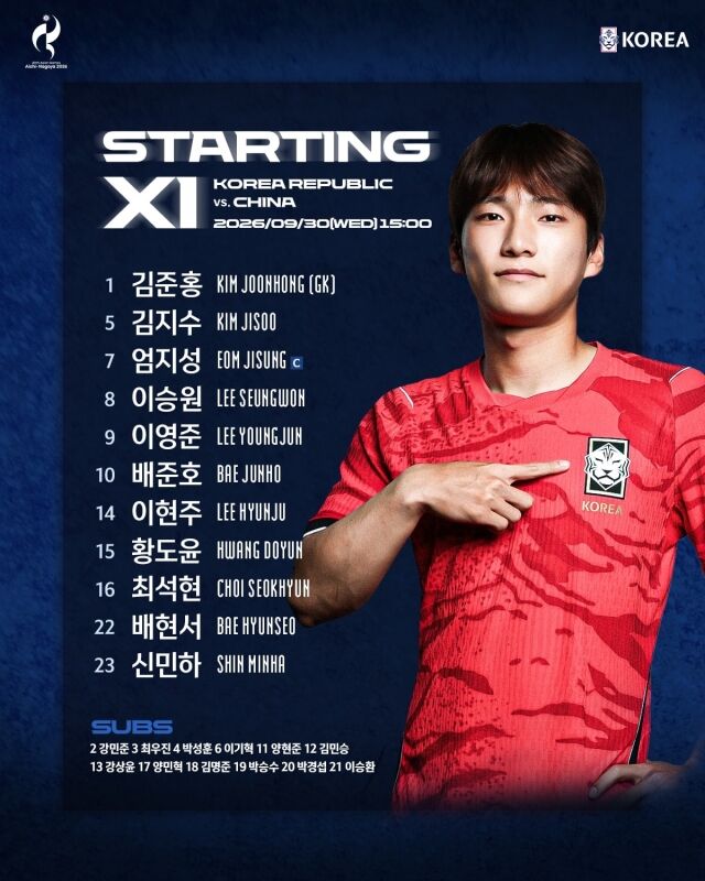 대한축구협회가 30일 나가이 스타디움에서 열리는 중국과의 2026 아이치-나고야 아시안게임 준결승전을 앞두고 선발 명단을 공개했다./대한축구협회 제공