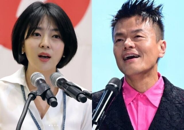 배현진 국민의힘 의원(왼쪽)이 박진영 대통령 직속 대중문화교류위원회 공동위원장을 향해 '무보수 봉사' 해명이 거짓이라며 강도 높은 비판을 쏟아냈다./배현진 소셜미디어, 마이데일리