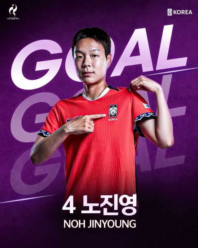노진영이 2일 오후 3시 일본 시즈오카 스타디움에서 열린 2026 아이치·나고야 아시안게임 동메달 결정전에서 중국을 상대로 선제골을 넣었다./대한축구협회 제공