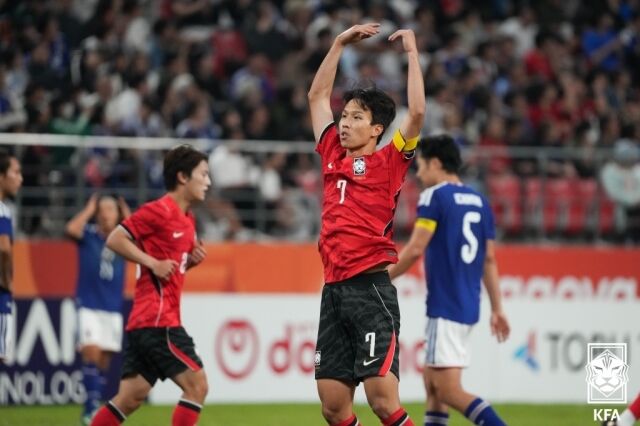 엄지성이 '3일 아이치현 도요타 스타디움에서 펼쳐진 일본과의 '2026 아이치·나고야 아시안게임’ 남자 축구 결승전에서 득점을 기록했다./대한축구협회 제공
