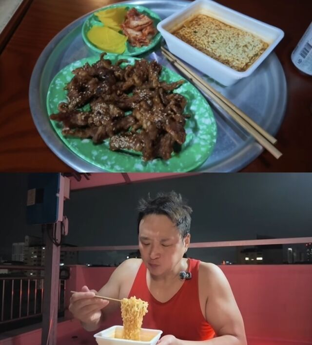 배우 구성환이 빗소리가 운치를 더하는 옥상 파라솔 아래에서 숯불 무뼈 닭발과 컵라면, 시원한 맥주로 하루의 피로를 날리는 소소한 행복을 전했다. /유튜브 채널 ‘꽃분이 with구성환’