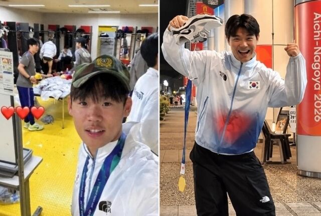 2026 아시안게임 남자축구 금메달 이후 논란이 된 게시물을 SNS에 올린 박승수(왼쪽)와 최우진(오른쪽)/박승수 SNS, 최우진 SNS