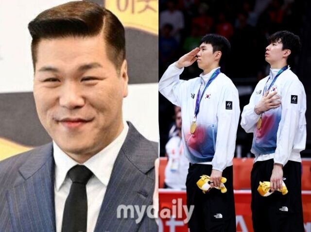 방송인 서장훈(왼쪽)과 2026년 아이치·나고야 아시안게임 농구 대표팀이 금메달 시상식에 오른 모습이 담겼다. / 마이데일리 및 게티이미지코리아