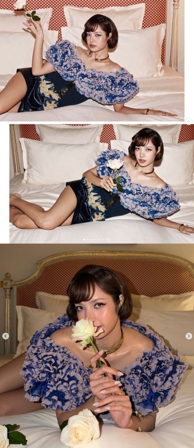 블랙핑크 멤버 리사가 침대 위에서 자신만의 '나홀로 런웨이'를 펼치며 독보적인 아우라를 과시했다. /리사 소셜미디어
