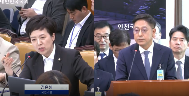 8일 국회 국토교통위원회 국정감사에 출석한 조인철 BYD코리아 승용부문 대표(오른쪽)가 김은혜 국민의힘 의원 질의에 답하고 있다. /의사중계시스템 캡처