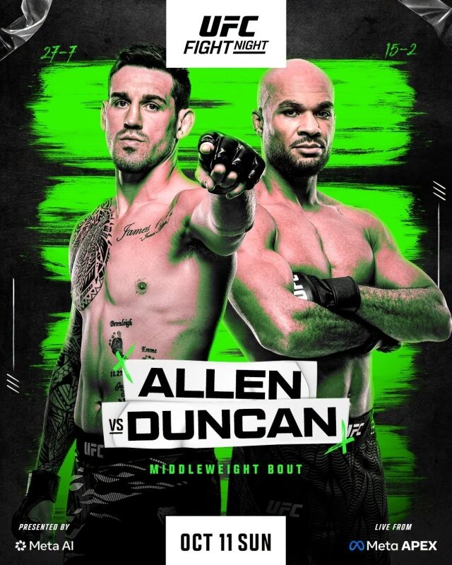 앨런(왼쪽)과 던컨이 11일 UFC 파이트 나이트에서 맞대결한다. /UFC 제공