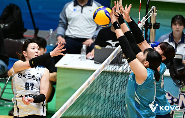 한국도로공사 강소휘(왼쪽)가 12일 열린 GS칼텍스와 2026 프로배구 컵대회 여지부 B조 조별리그 GS칼텍스와 경기 도중 밀어넣기 공격을 시도하고 있다./한국배구연맹(KOVO) 제공
