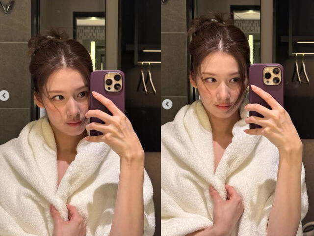 사나가 샤워타월만 걸치고 사진을 찍었다. / 사나 소셜미디어 