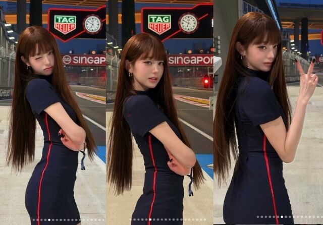 아이브(IVE) 장원영이 싱가포르 F1 그랑프리 현장에서 요정 같은 비주얼을 자랑하며 시선을 사로잡았다./장원영 소셜미디어