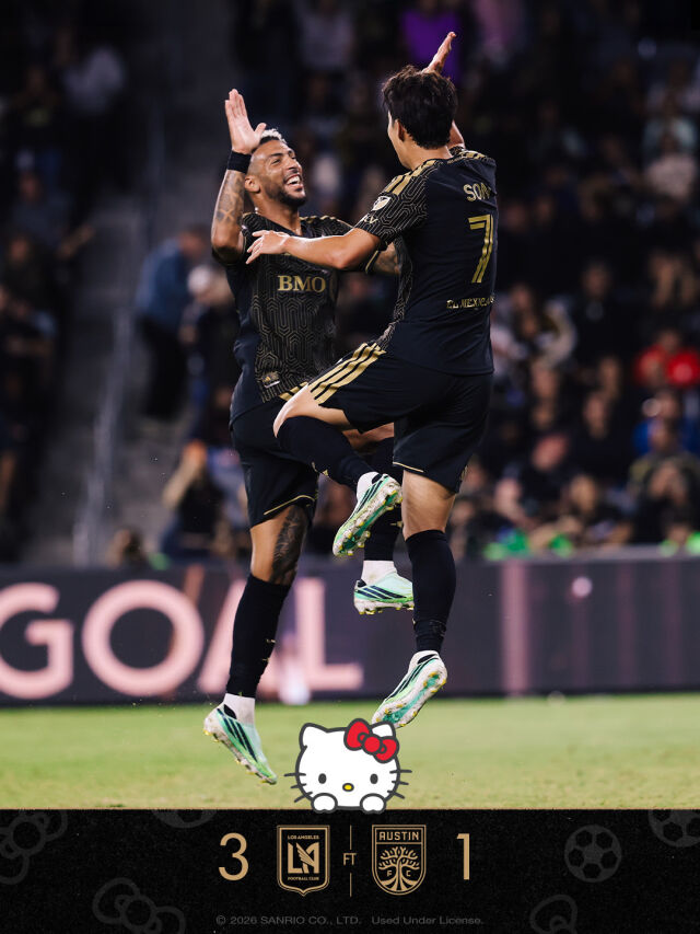 LAFC가 15일(한국시각) 미국 캘리포니아주 로스앤젤레스의 BMO 스타디움에서 열린 2026시즌 메이저리그사커(MLS) 29라운드 오스틴FC와의 홈경기에서 3-1로 승리했다. 하이파이브를 하고 있는 LAFC 드니 부앙가(왼쪽)와 손흥민/LAFC 제공