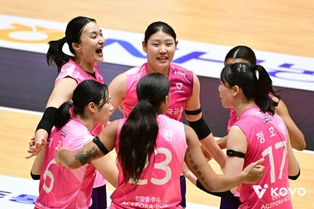 흥국생명 선수들이 지난 13일 열린 2026 프로배구 컵대회 A조 조별리그 IBK기업은행전에서 공격 득점을 올린 뒤 환호하고 있다./한국배구연맹(KOVO) 제공