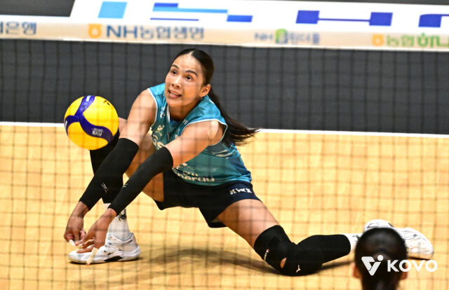 GS칼텍스 타나차가 지난 12일 열린 한국도로공사와 2026 프로배구 컵대회 B조 조별리그 첫 경기 도중 리시브를 시도하고 있다./한국배구연맹(KOVO) 제공