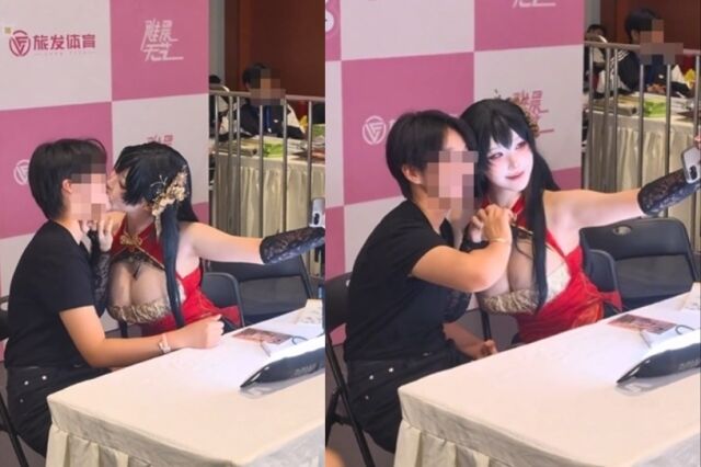 다소 파격적인 의상을 착용한 야살이 팬 미팅 현장에서 팬의 턱을 쥔 채 연달아 입맞춤을 건네는 장면이 중화권 누리꾼 SNS에 공개 돼 화제다./중화권 누리꾼 소셜미디어