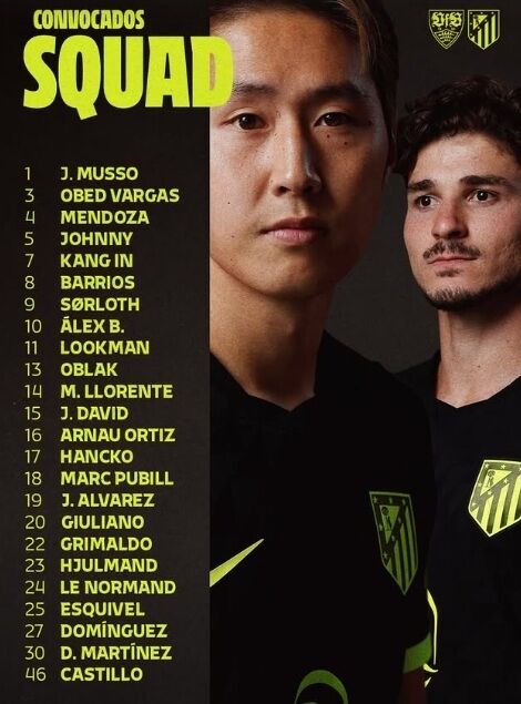 아틀레티코 마드리드가 슈투트가르트를 상대로 치를 2026-27시즌 UEFA 챔피언스리그 페이즈 3차전 원정 명단을 발표했다./아틀레티코 마드리드