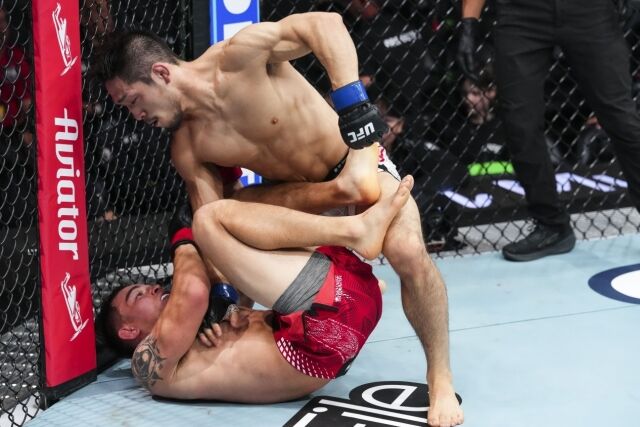 유수영(오른쪽)이 18일 UFC 파이트 나이트에서 코반첵을 상대로 파운딩을 날리고 있다. /UFC 제공