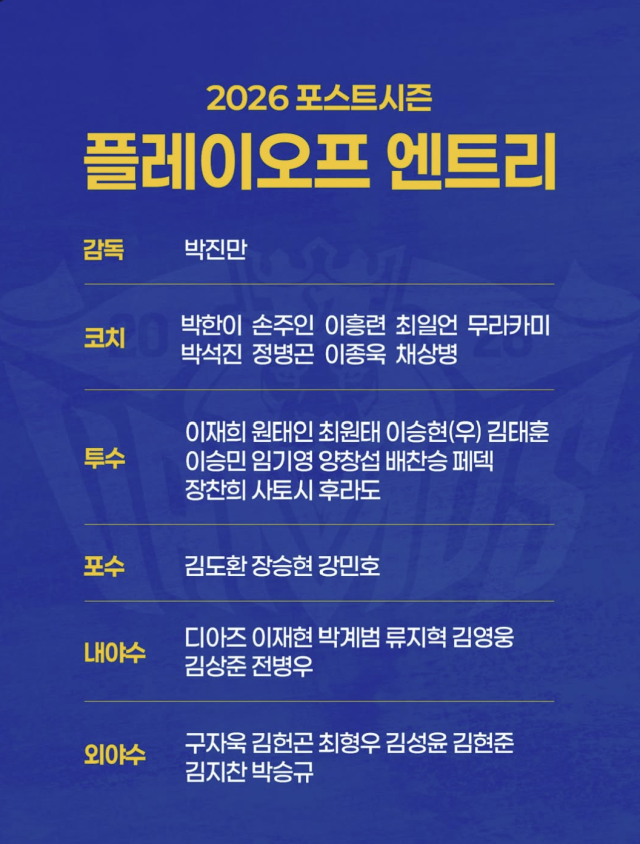 삼성이 플레이오프에 나설 엔트리를 공개했다./삼성 SNS 캡처