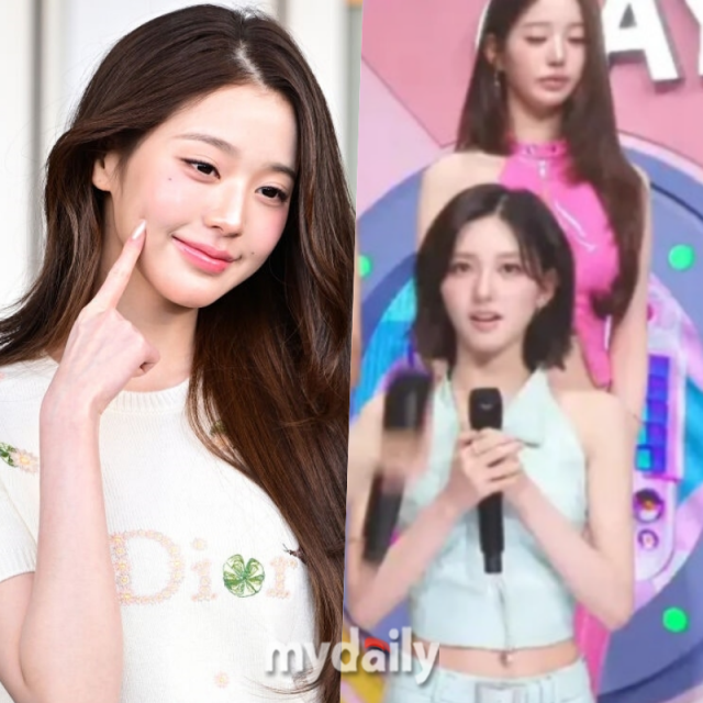 그룹 아이브 멤버 장원영이 생방송 도중 졸음을 참는 듯한 모습이 포착됐다. / 마이데일리 및 온라인 커뮤니티