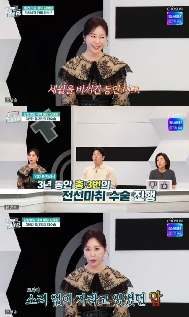 '윤석민 장모' 배우 김예령이 과거 위 종양부터 갑상샘암 진단에 이르기까지 잇따른 건강 악화로 수술대를 연속해서 올려야 했던 안타까운 사연을 전했다. /TV CHOSUN 예능 프로그램 '퍼펙트라이프'