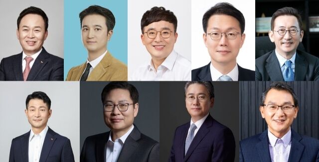 (왼쪽부터 시계 방향으로) 장용호 SK(주) 대표이사, 추형욱 SK 동남아담당 사장, 권영수 SUPEX추구협의회 담당 사장, 송경열 SK가스 대표이사, 윤병석 SK디스커버리 대표이사, 김원기 SK엔무브 대표이사 겸) SK지오센트릭 대표이사, 강동수 SK이노베이션 대표이사 겸) SK에너지 대표이사, 정승일 SK이노베이션 대표이사, 김선혁SK(주) 담당 사장. /SK